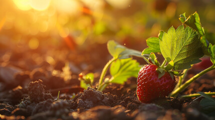 Strawberry growing on the field at sunset close-up