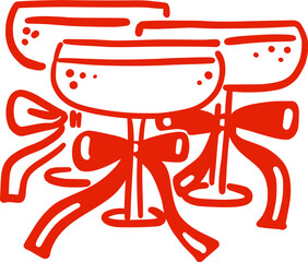Cocktails or champagne glasses with bows in a whimsical hand-drawn style. Isolated illustration in red color. Alcoholic drinks. Suitable for wedding invitations, posters, banners