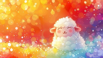 Fototapeta premium A sheep stands in snow with a colorful kaleidoscope of lights behind it, against a rainbow-hued sky backdrop