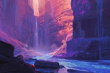 Fantasy scenes of a dramatic canyon, enveloped in cyber color, presenting a stark contrast that captivates the eye