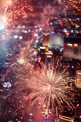 Vibrant Las Vegas fireworks display over bustling cityscape, festive and New Year themes.