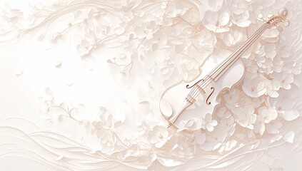 composition of musical notes and violin against a white background, with white flowers and tree branches. Soft waves and flowing shapes - obrazy, fototapety, plakaty
