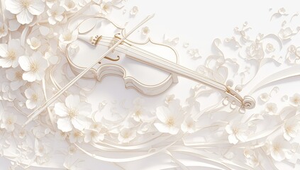 composition of musical notes and violin against a white background, with white flowers and tree branches.