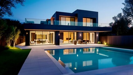 Obraz premium Luxurious modern house with illuminated interior, poolside at twilight.