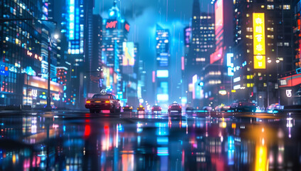 A futuristic cityscape at night with neon lights reflecting on wet streets, cars driving through...
