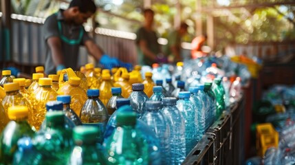 Workers sorting assorted plastic bottles at a recycling facility, emphasizing waste management.