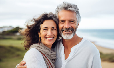 Summer portrait happy smiling mature couple together on sunny coast, enjoying beach vacation at sea