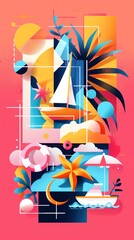 Design a creative and colorful flat illustration of a summer landscape with a boat, palm trees, and a beach umbrella. Use bright and contrasting colors and geometric shapes.