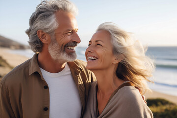 Summer portrait happy smiling mature couple together on sunny coast, enjoying beach vacation at sea