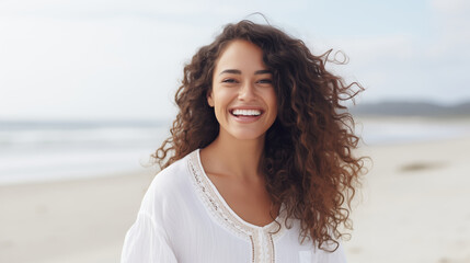 Summer vacation, beautiful happy smiling young woman on sunny beach with white sand at sea coast