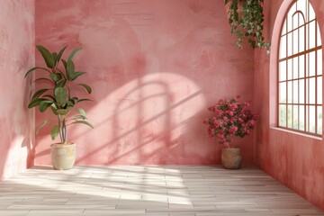 A minimalist interior scene with a rubber plant and a blooming pink shrub in clay pots, set against a textured pink wall with a large arched window casting a shadow.