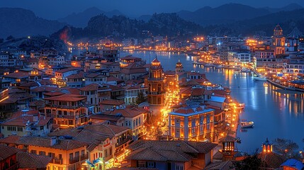   A stunning cityscape at night, illuminated by building lights, reflecting on boats in the water,...