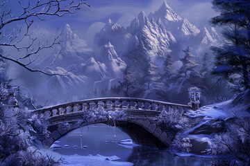 Snow-capped peaks framing a bridge embellished with icy crystals.