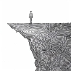A man stands on a plateau on the edge of a precipice. Concept of loneliness, despair or crisis. Time to think. Black and white image in pencil drawing style. Illustration for varied design. - obrazy, fototapety, plakaty