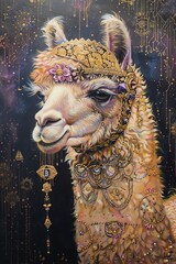 A digital painting of a llama wearing a golden headdress and necklace, with intricate patterns and details - obrazy, fototapety, plakaty