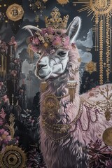 A majestic llama, adorned with a crown of flowers and draped in golden jewelry, stands tall against a surreal landscape - obrazy, fototapety, plakaty