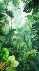 Create a lush, vibrant painting of a tropical rainforest. Include a variety of plants and animals, and make the colors as realistic as possible. - obrazy, fototapety, plakaty