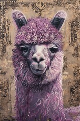 An exquisite llama, with vibrant pink fur, gazes at the viewer with an air of regality. The intricate details of its fur and the gold background make this a stunning piece of art. - obrazy, fototapety, plakaty