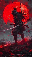 A lone samurai stands in the middle of a battlefield - obrazy, fototapety, plakaty