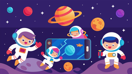 Join a team of astronauts and explore outer space in this exciting kids app.. Vector illustration