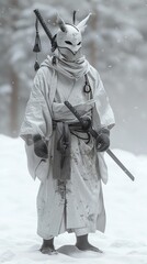A lone samurai stands in the snow, his white robes and mask blending in with the winter landscape - obrazy, fototapety, plakaty