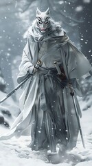 A lone samurai, dressed in white and wearing a fox mask, walks through a snowy forest. He is armed with two katanas and has a determined expression on his face. - obrazy, fototapety, plakaty