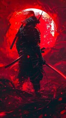 A lone samurai stands in the middle of a field of red flowers - obrazy, fototapety, plakaty