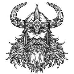 Portrait of a Viking in the style of an engraving. Medieval warrior of the north wearing a horned helmet. Strict face of a man with beard and mustache. Can be printed on t-shirt, bag and other product - obrazy, fototapety, plakaty
