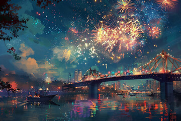 Sparkling fireworks lighting up the night sky above a festive bridge.