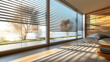 Fototapeta premium Automated solar shades on large windows in modern interior with wooden panels. Concept Automated Solar Shades, Large Windows, Modern Interior, Wooden Panels, Energy Efficiency