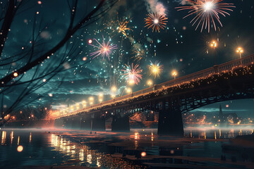 Sparkling fireworks lighting up the night sky above a festive bridge.