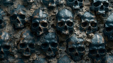 Lots of human skulls embedded in the wall. An ancient mass grave.  Illustration for cover, card, postcard, banner, poster, brochure or presentation. - obrazy, fototapety, plakaty