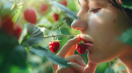 A woman enjoying the taste of ripe red raspberries while picking them in a lush green garden. Close-up of a woman savoring the fresh taste of ripe berries, amidst a verdant backdrop. AIG50