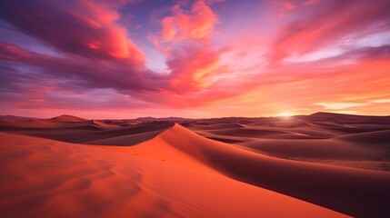 Panorama of sand dunes in the desert at sunset. Beautiful natural landscape.