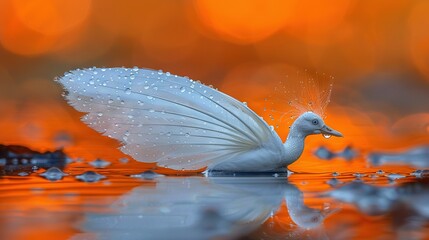   A white bird gracefully glides above a serene body of water as droplets cascade from its wings