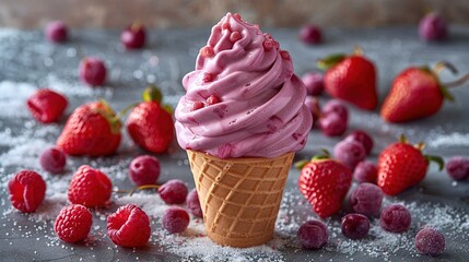   An ice cream cone adorned with pink frosting sits atop a gray tablecloth, surrounded by freshly picked raspberries and strawberries