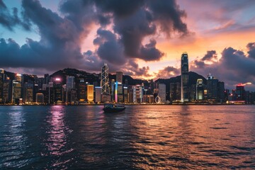 The iconic skyline of Hong Kong at dusk, Overcast Sunset Skyline of Hong Kong, Ai generated