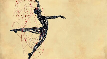Abstract digital art of a male figure in a dance pose with muscle anatomy and red swirling lines on a textured background - obrazy, fototapety, plakaty