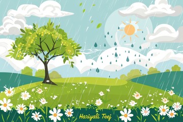 green field with tree and white flowers, sun in the sky, rain falling, clouds on top, yellow text Hariyali Teej written at center bottom