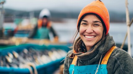 Portrait of female owner on sturgeon farm fish