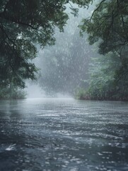A heavy downpour over the river, foggy weather with wet trees