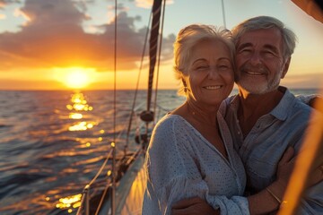An Elderly Couple in Love Sharing a Tender Moment While Sailing into the Sunset on a Peaceful Ocean