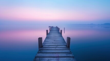 A long wooden pier extends into the calm blue lake at dawn - Powered by Adobe