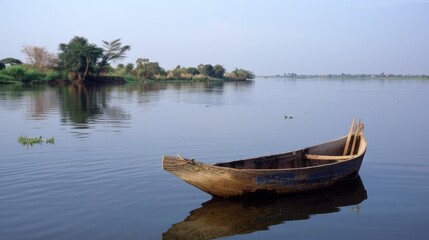 Mali Bamako View Of Wooden Canoe On River Niger