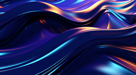 3D render abstract colorful background with waves of liquid metal in black and teal blue colors, fluid shapes, fluid design