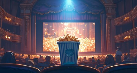 A box of popcorn sits on the seat in front, as people sit and watch a movie at a cinema theater. 