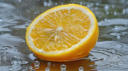   A high-resolution close-up image of an orange floating on water, with droplets glistening on the surface