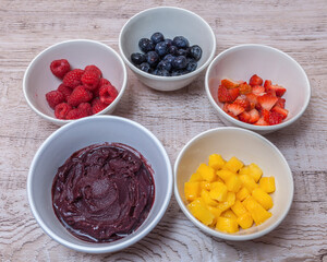 Acai bowl with mango, strawberries, blueberries and raspberries