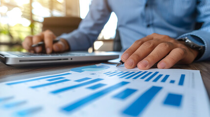Businessman analyzing investment charts with laptop. AI. - obrazy, fototapety, plakaty