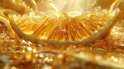   A golden table holds a glistening slice of lemon, with droplets of water splashing on top